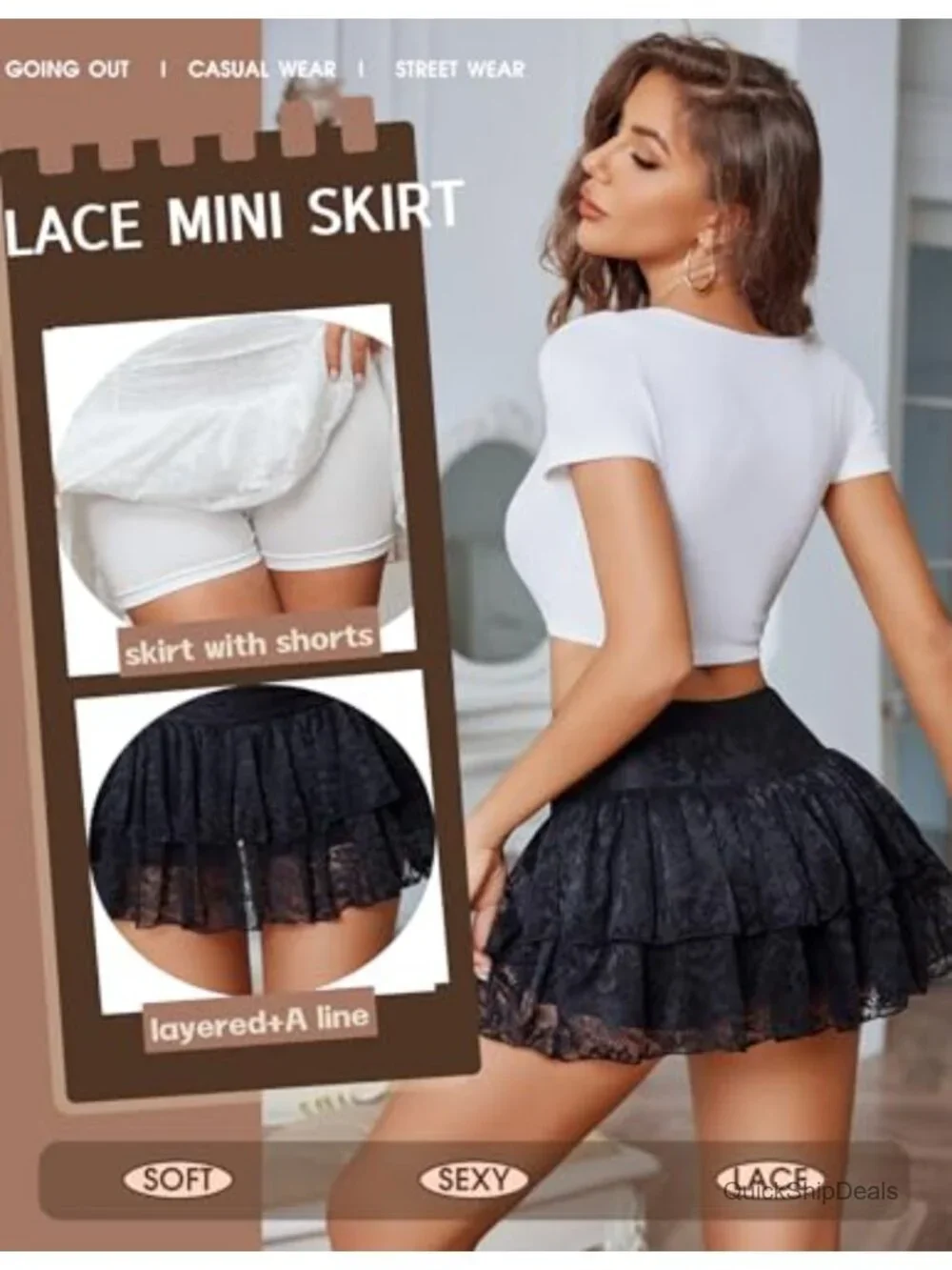 Lace High Waist Ruffle Skort with Built-in Shorts Mini Skirt